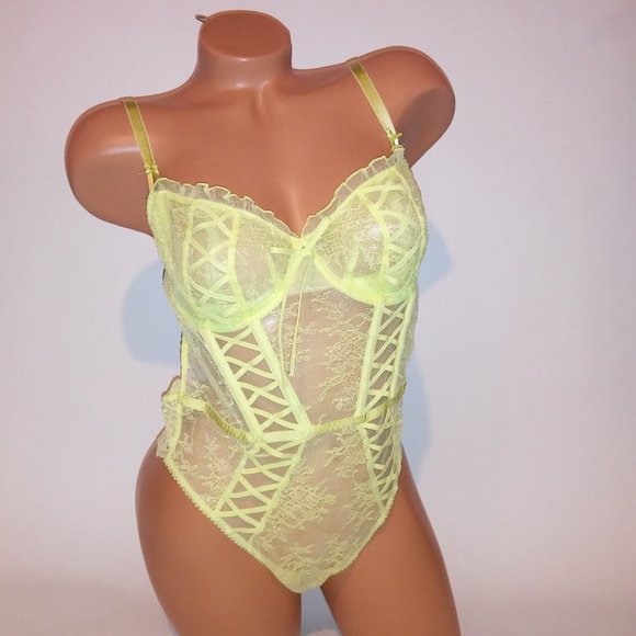 Victoria Secret Lingerie Teddy One Piece Bodysuit Yellow Wicked Lace Fairy Cotta - Picture 12 of 16